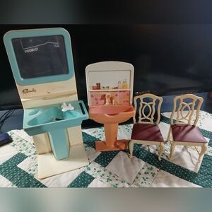 Barbie Dollhouse Bathroom and Dining Set - Blue, Pink, Cream